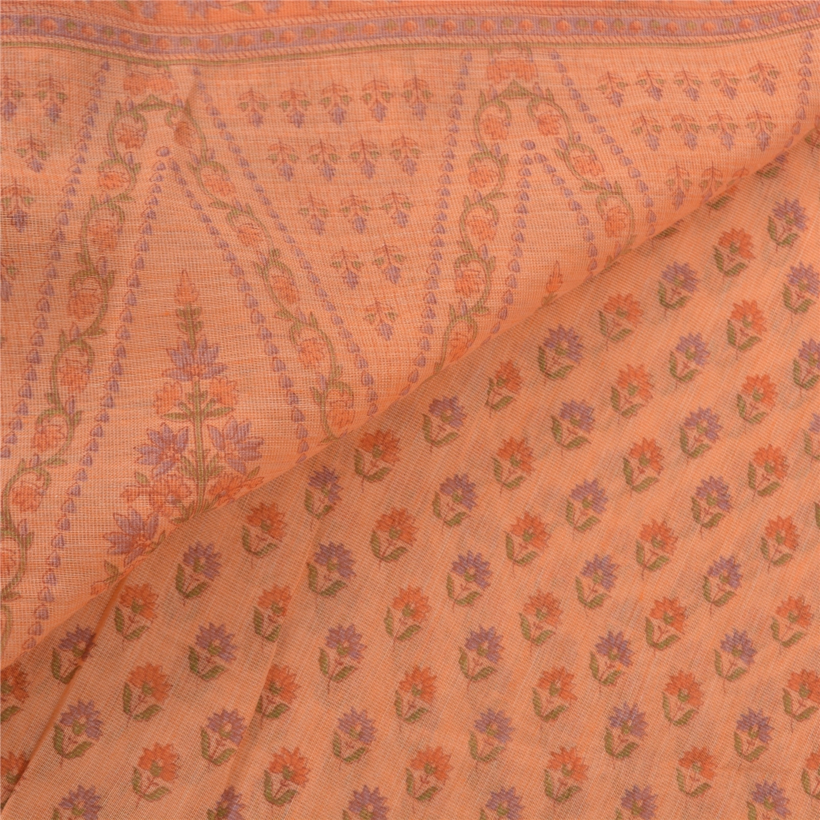 Sanskriti Vintage Peach Sarees Cotton Printed Fabric Indian 5 Yard Craft Sari, PS-56694-Peach-Printed Work-Cotton-2