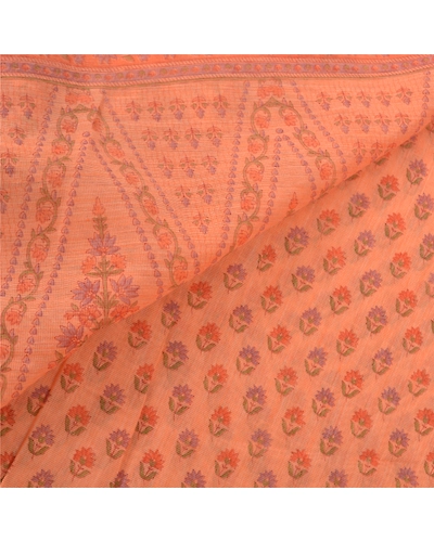 Sanskriti Vintage Peach Sarees Cotton Printed Fabric Indian 5 Yard Craft Sari, PS-56694-Peach-Printed Work-Cotton-2