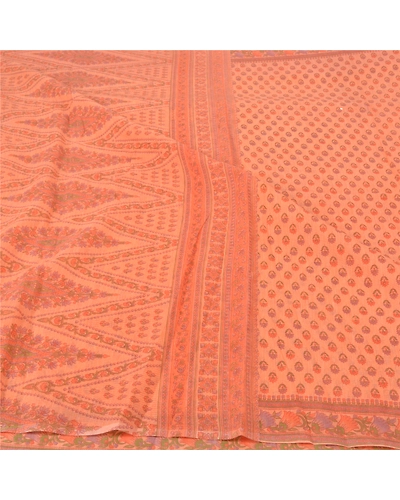 Sanskriti Vintage Peach Sarees Cotton Printed Fabric Indian 5 Yard Craft Sari, PS-56694-Peach-Printed Work-Cotton-3