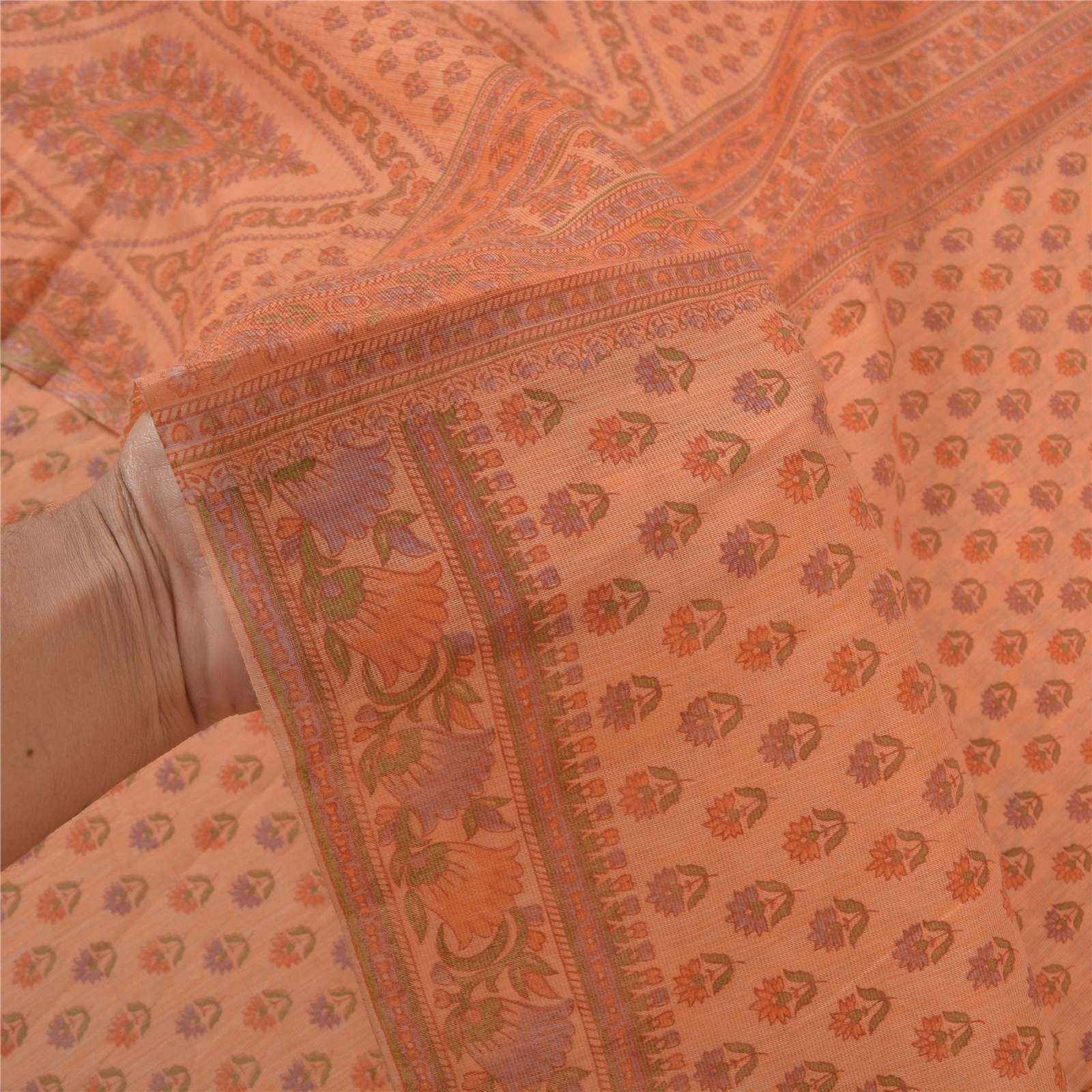 Sanskriti Vintage Peach Sarees Cotton Printed Fabric Indian 5 Yard Craft Sari, PS-56694-Peach-Printed Work-Cotton-4