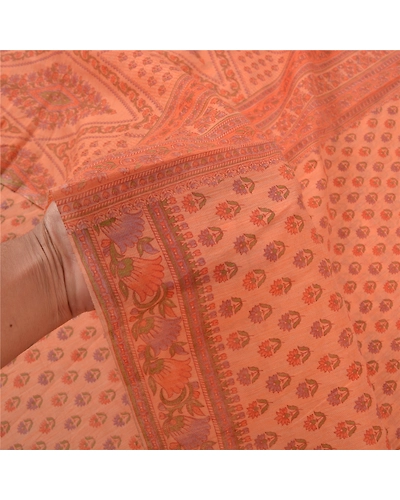 Sanskriti Vintage Peach Sarees Cotton Printed Fabric Indian 5 Yard Craft Sari, PS-56694-Peach-Printed Work-Cotton-4