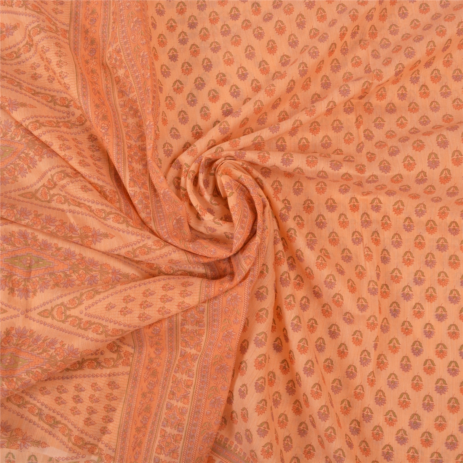 Sanskriti Vintage Peach Sarees Cotton Printed Fabric Indian 5 Yard Craft Sari, PS-56694-Peach-Printed Work-Cotton-6