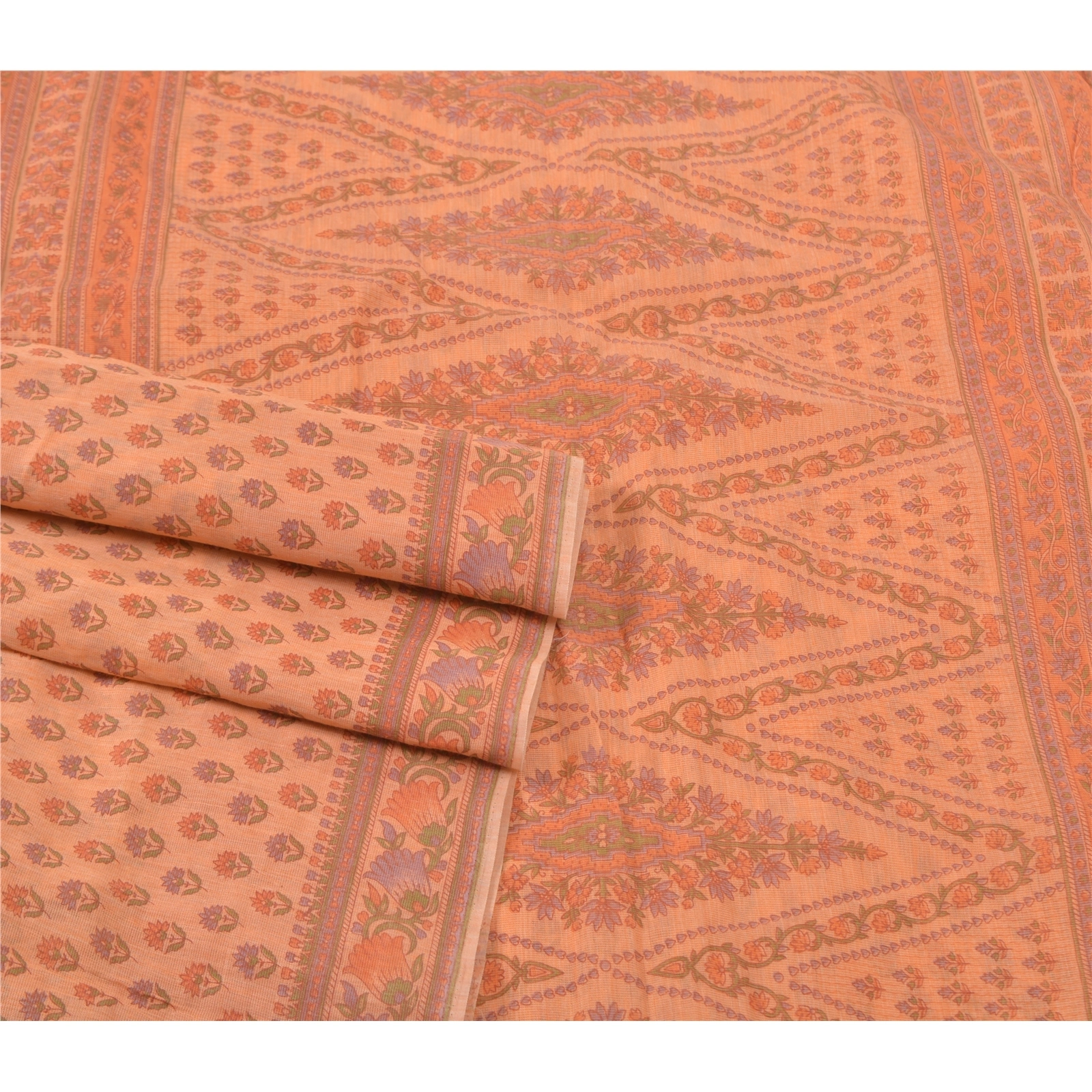 Sanskriti Vintage Peach Sarees Cotton Printed Fabric Indian 5 Yard Craft Sari, PS-56694-Peach-Printed Work-Cotton-7