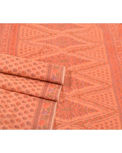 Sanskriti Vintage Peach Sarees Cotton Printed Fabric Indian 5 Yard Craft Sari, PS-56694-Peach-Printed Work-Cotton-7
