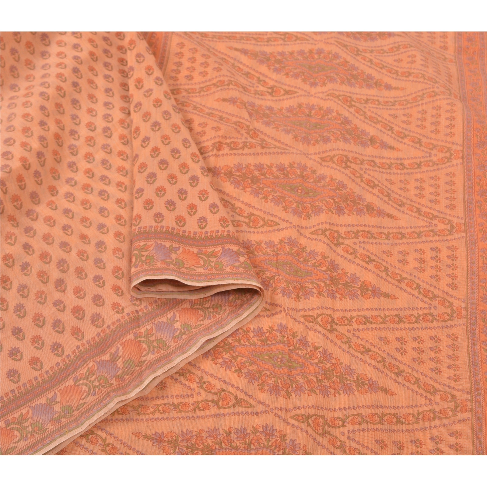 Sanskriti Vintage Peach Sarees Cotton Printed Fabric Indian 5 Yard Craft Sari, PS-56694-Peach-Printed Work-Cotton-9