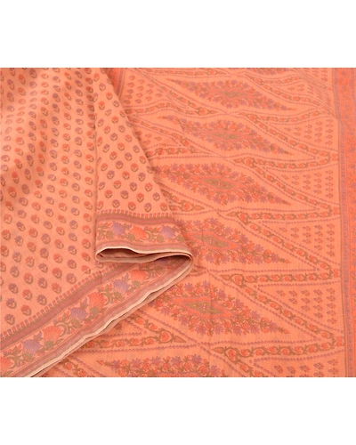 Sanskriti Vintage Peach Sarees Cotton Printed Fabric Indian 5 Yard Craft Sari, PS-56694-Peach-Printed Work-Cotton-9