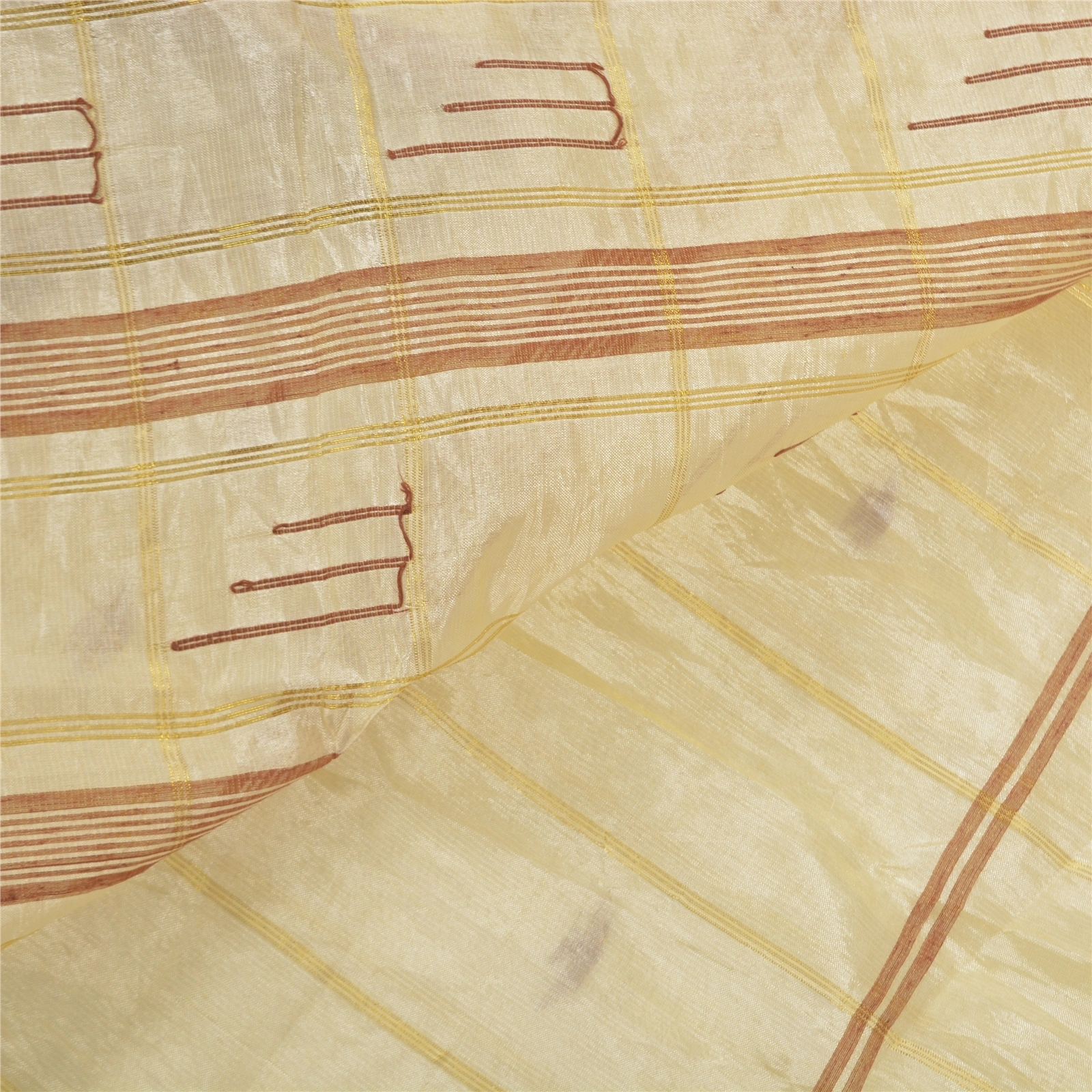 Sanskriti Vintage Ivory Sarees Blend Silk Hand-Woven Indian Tant Sari Fabric, PS-56719-Ivory-Thread Work-Blend Silk-2