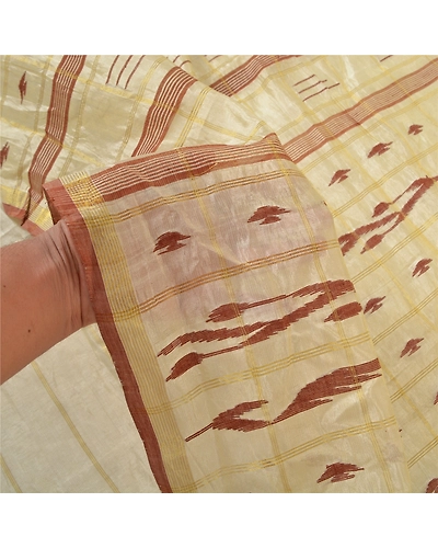 Sanskriti Vintage Ivory Sarees Blend Silk Hand-Woven Indian Tant Sari Fabric, PS-56719-Ivory-Thread Work-Blend Silk-4