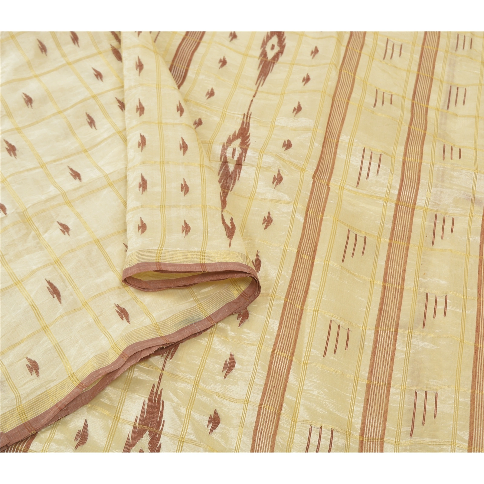 Sanskriti Vintage Ivory Sarees Blend Silk Hand-Woven Indian Tant Sari Fabric, PS-56719-Ivory-Thread Work-Blend Silk-9