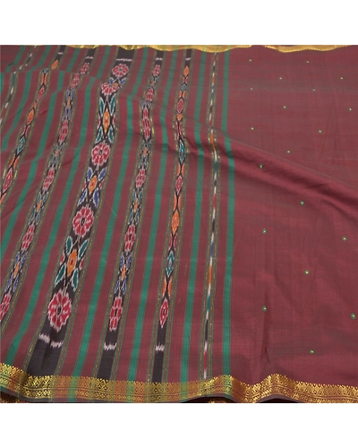 Sanskriti Vintage Sambalpuri Ikat Sarees Handwoven Pure Silk Premium Sari Fabric, PS-56723-Dark Red-Thread Work-100% Pure Silk-3