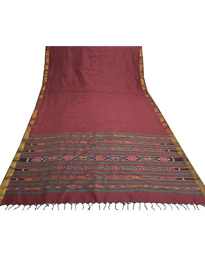 Sanskriti Vintage Sambalpuri Ikat Sarees Handwoven Pure Silk Premium Sari Fabric, PS-56723-Dark Red-Thread Work-100% Pure Silk-8