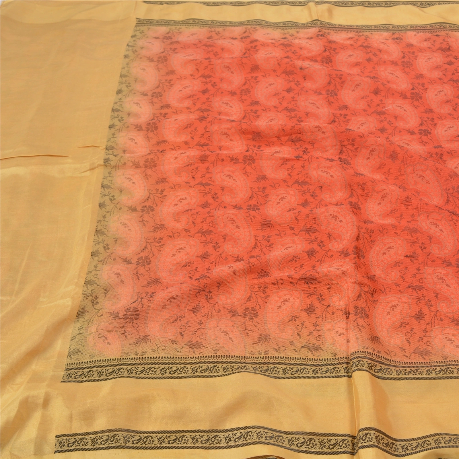 Sanskriti Vintage Orange Sarees 100% Pure Silk Hand-Woven Indian Sari Fabric, PS-56765-Orange &amp; Cream-Hand- Woven Work-100% Pure Silk-3