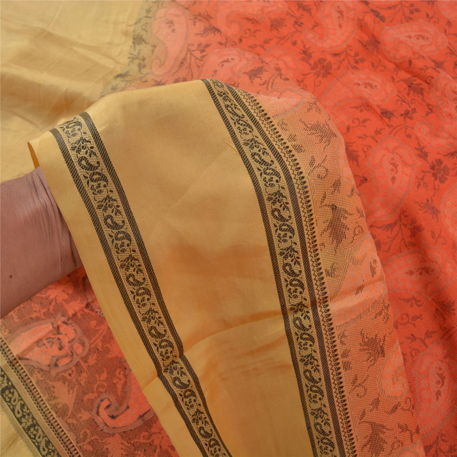 Sanskriti Vintage Orange Sarees 100% Pure Silk Hand-Woven Indian Sari Fabric, PS-56765-Orange &amp; Cream-Hand- Woven Work-100% Pure Silk-4