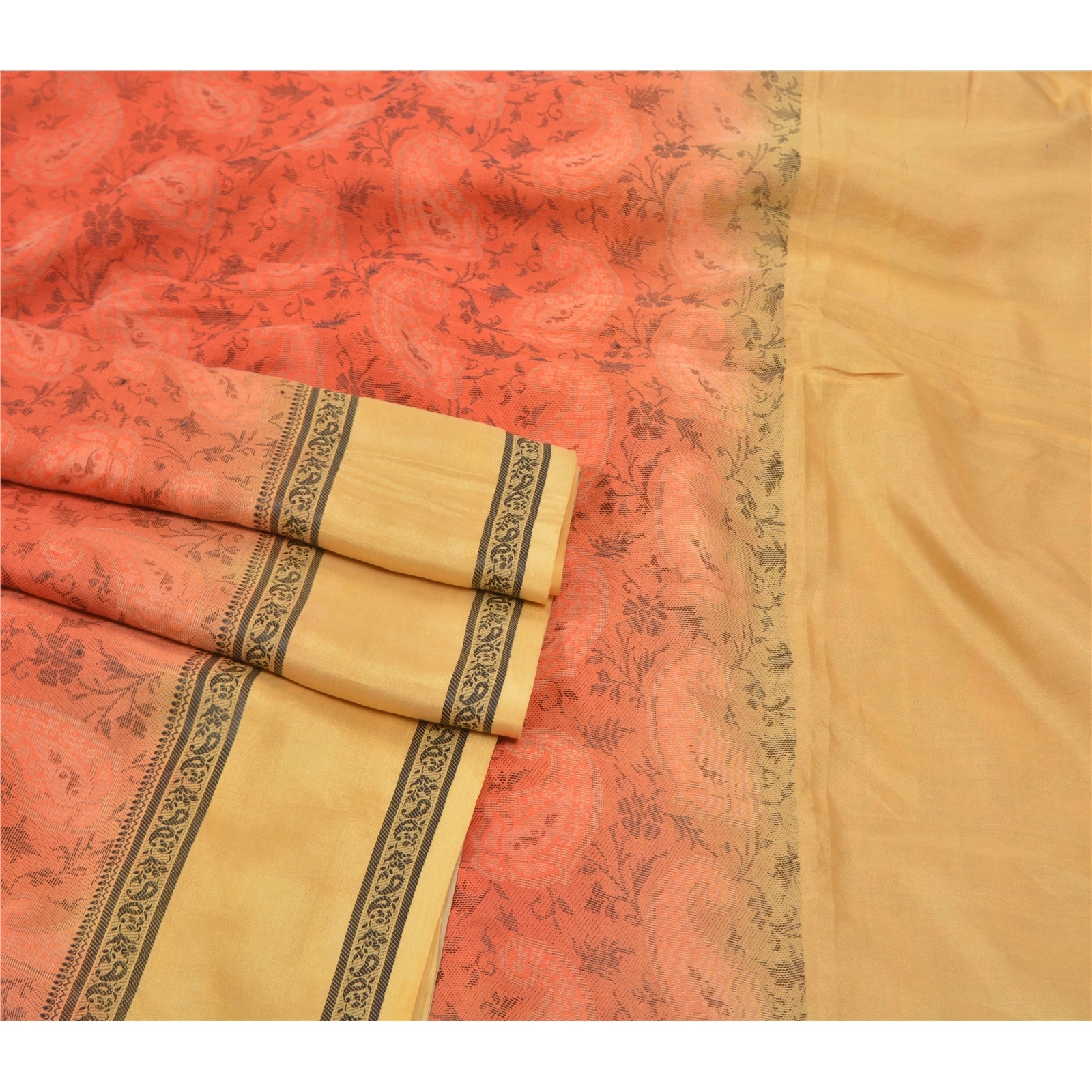 Sanskriti Vintage Orange Sarees 100% Pure Silk Hand-Woven Indian Sari Fabric, PS-56765-Orange &amp; Cream-Hand- Woven Work-100% Pure Silk-7