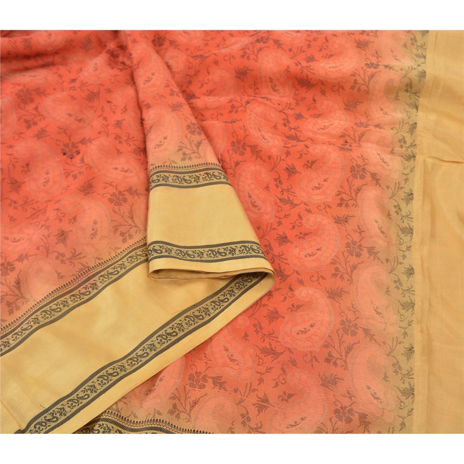 Sanskriti Vintage Orange Sarees 100% Pure Silk Hand-Woven Indian Sari Fabric, PS-56765-Orange &amp; Cream-Hand- Woven Work-100% Pure Silk-9