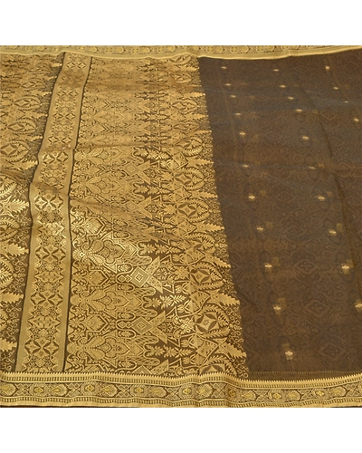 Sanskriti Vintage Heena- Green Sarees Blend Silk Hand-Woven Sari Premium Fabric, PS-56784-Heena Green-Hand- Woven Work-Blend Silk-3