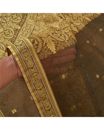 Sanskriti Vintage Heena- Green Sarees Blend Silk Hand-Woven Sari Premium Fabric, PS-56784-Heena Green-Hand- Woven Work-Blend Silk-4