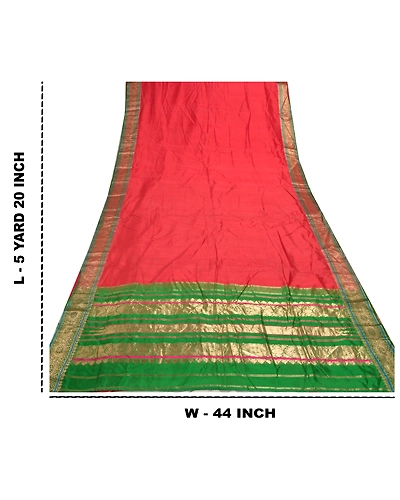 Sanskriti Vintage Red Sarees 100% Pure Silk Woven Brocade Sari Premium Fabric, PS-56803-Red &amp; Green-Hand- Woven Work-100% Pure Silk-1
