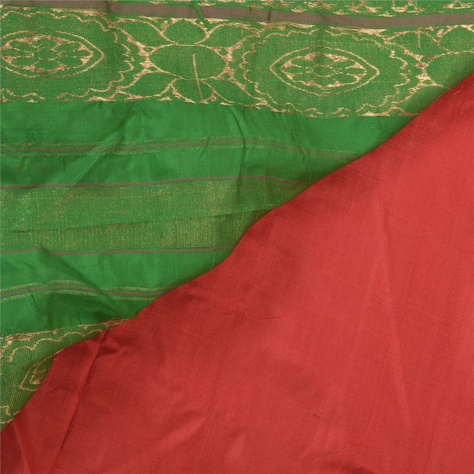 Sanskriti Vintage Red Sarees 100% Pure Silk Woven Brocade Sari Premium Fabric, PS-56803-Red &amp; Green-Hand- Woven Work-100% Pure Silk-2