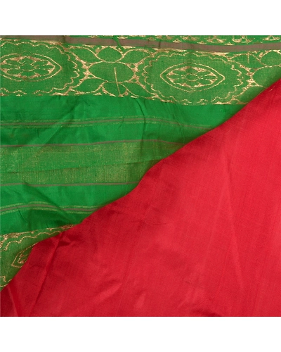 Sanskriti Vintage Red Sarees 100% Pure Silk Woven Brocade Sari Premium Fabric, PS-56803-Red &amp; Green-Hand- Woven Work-100% Pure Silk-2