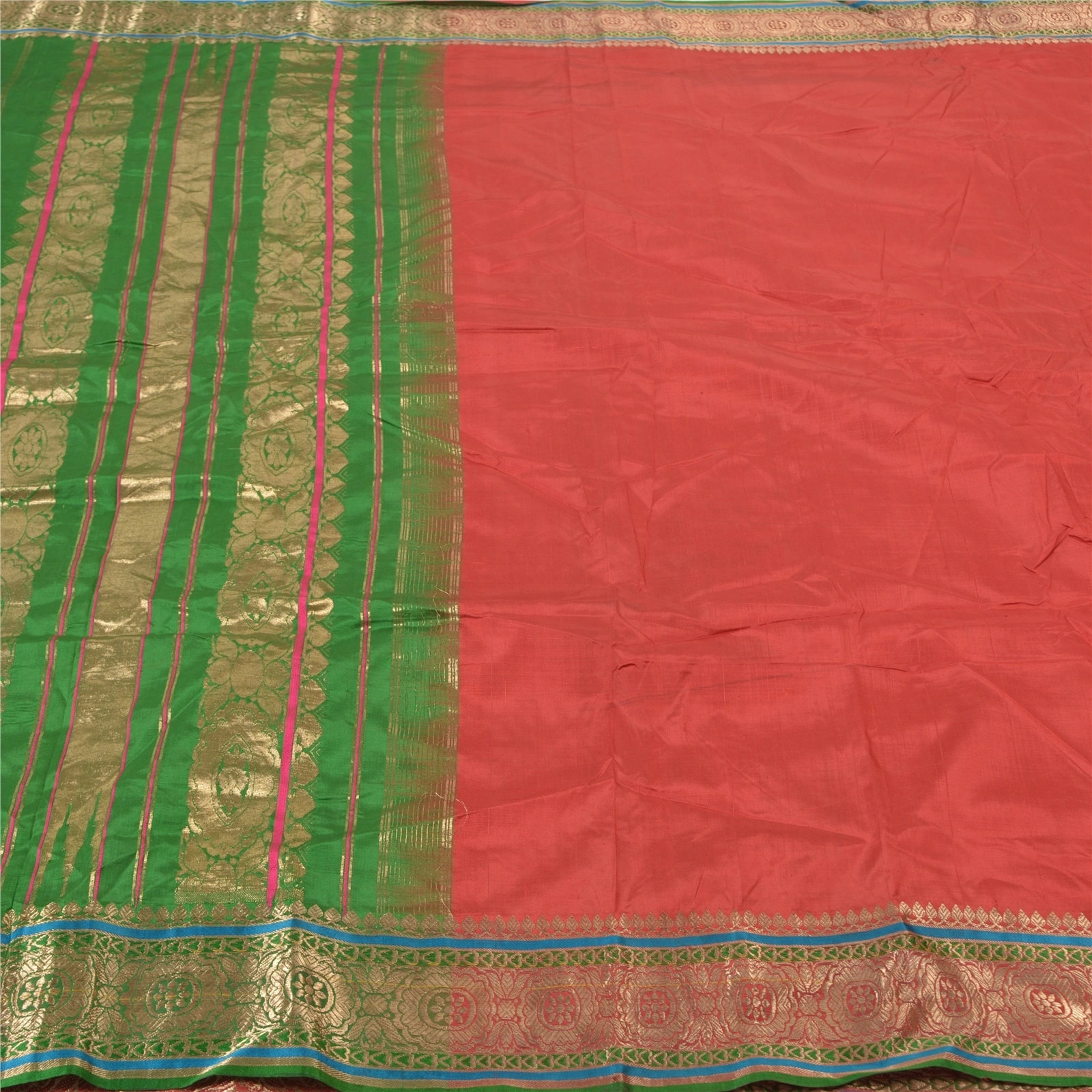 Sanskriti Vintage Red Sarees 100% Pure Silk Woven Brocade Sari Premium Fabric, PS-56803-Red &amp; Green-Hand- Woven Work-100% Pure Silk-3