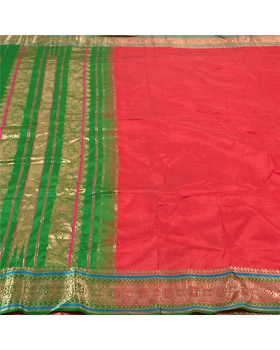 Sanskriti Vintage Red Sarees 100% Pure Silk Woven Brocade Sari Premium Fabric, PS-56803-Red &amp; Green-Hand- Woven Work-100% Pure Silk-3