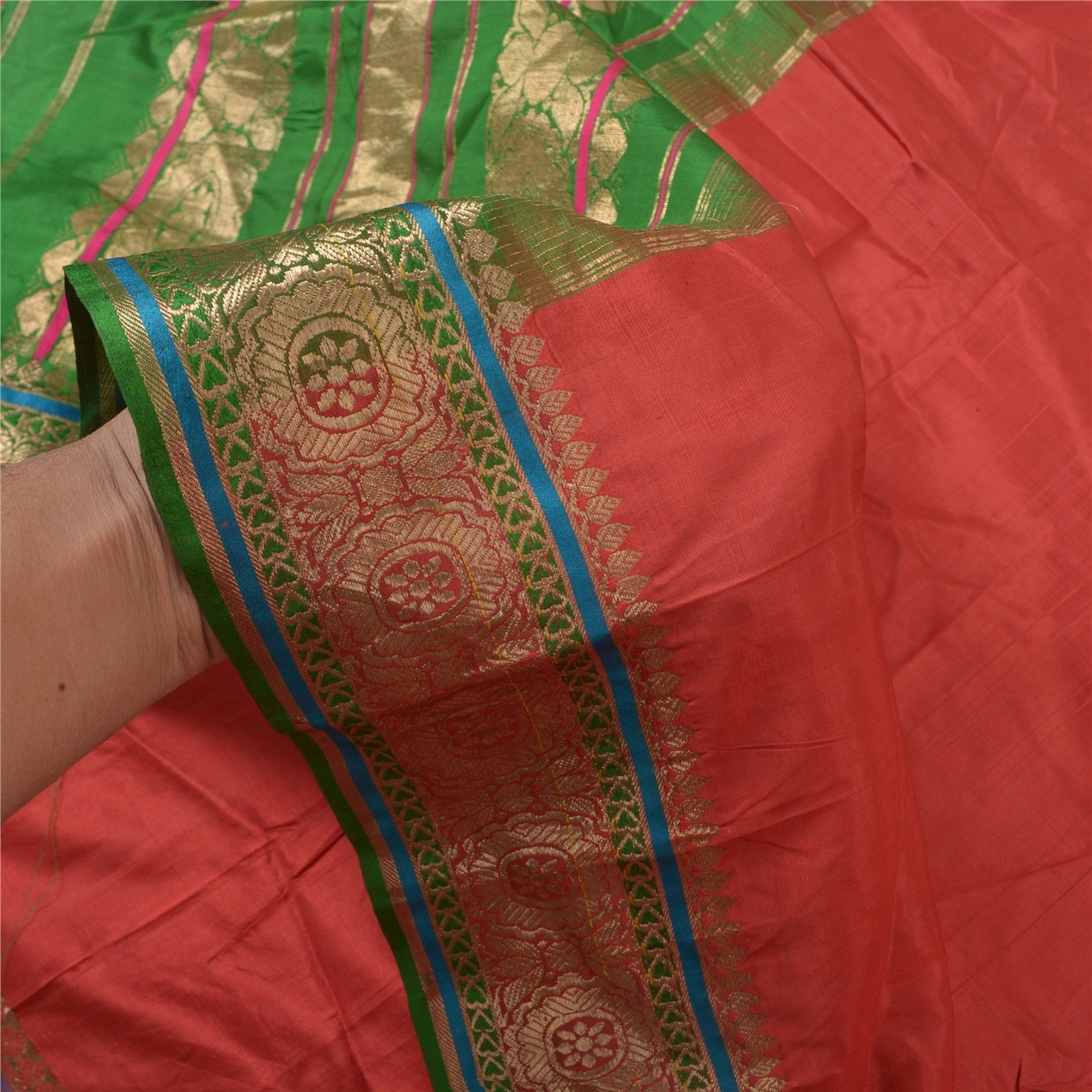 Sanskriti Vintage Red Sarees 100% Pure Silk Woven Brocade Sari Premium Fabric, PS-56803-Red &amp; Green-Hand- Woven Work-100% Pure Silk-4