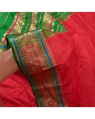 Sanskriti Vintage Red Sarees 100% Pure Silk Woven Brocade Sari Premium Fabric, PS-56803-Red &amp; Green-Hand- Woven Work-100% Pure Silk-4
