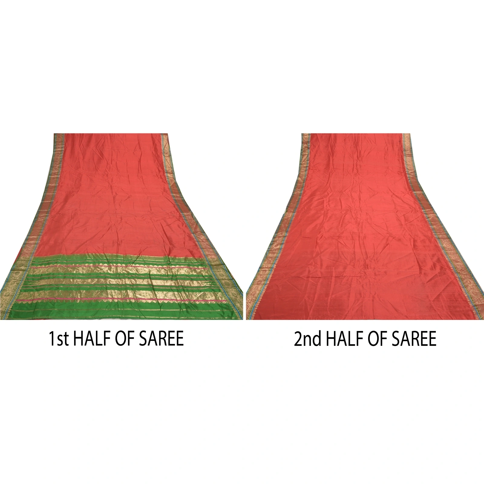 Sanskriti Vintage Red Sarees 100% Pure Silk Woven Brocade Sari Premium Fabric, PS-56803-Red &amp; Green-Hand- Woven Work-100% Pure Silk-5