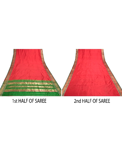 Sanskriti Vintage Red Sarees 100% Pure Silk Woven Brocade Sari Premium Fabric, PS-56803-Red &amp; Green-Hand- Woven Work-100% Pure Silk-5