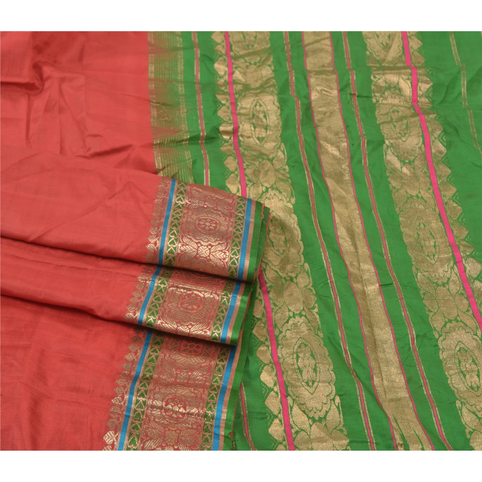 Sanskriti Vintage Red Sarees 100% Pure Silk Woven Brocade Sari Premium Fabric, PS-56803-Red &amp; Green-Hand- Woven Work-100% Pure Silk-7