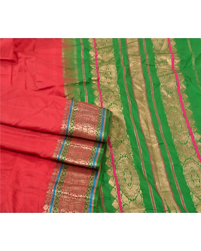 Sanskriti Vintage Red Sarees 100% Pure Silk Woven Brocade Sari Premium Fabric, PS-56803-Red &amp; Green-Hand- Woven Work-100% Pure Silk-7