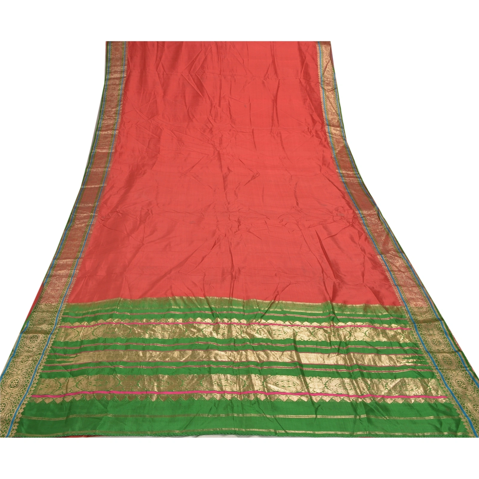 Sanskriti Vintage Red Sarees 100% Pure Silk Woven Brocade Sari Premium Fabric, PS-56803-Red &amp; Green-Hand- Woven Work-100% Pure Silk-8