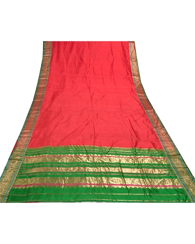 Sanskriti Vintage Red Sarees 100% Pure Silk Woven Brocade Sari Premium Fabric, PS-56803-Red &amp; Green-Hand- Woven Work-100% Pure Silk-8