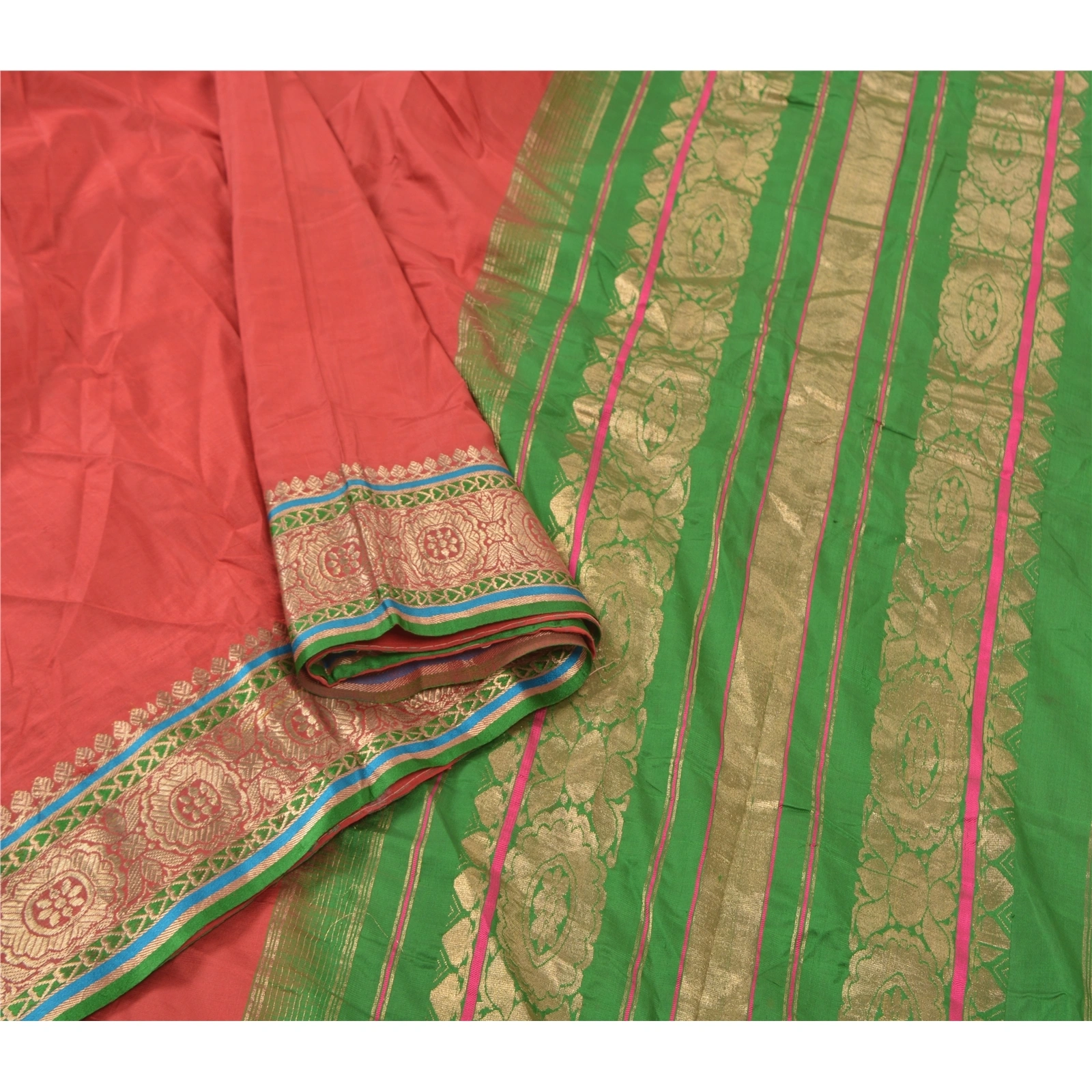 Sanskriti Vintage Red Sarees 100% Pure Silk Woven Brocade Sari Premium Fabric, PS-56803-Red &amp; Green-Hand- Woven Work-100% Pure Silk-9