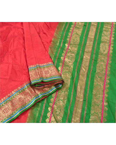 Sanskriti Vintage Red Sarees 100% Pure Silk Woven Brocade Sari Premium Fabric, PS-56803-Red &amp; Green-Hand- Woven Work-100% Pure Silk-9