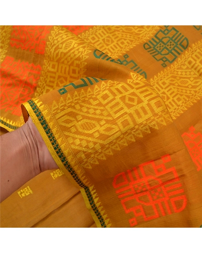 Sanskriti Vintage Mustard Sarees Pure Silk Printed Sari 5 Yd Craft Fabric, PS-56916-Mustard-Woven Work-100% Pure Silk-4