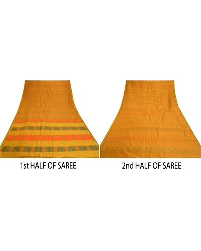 Sanskriti Vintage Mustard Sarees Pure Silk Printed Sari 5 Yd Craft Fabric, PS-56916-Mustard-Woven Work-100% Pure Silk-5
