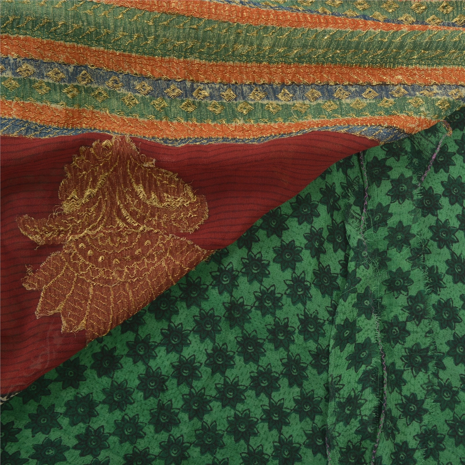 Sanskriti Vintage Bollywood Sarees Pure Georgette Silk Embroidered Sari Fabric, PS-56938-Green-Patch Work-100% Pure Georgette Silk-2