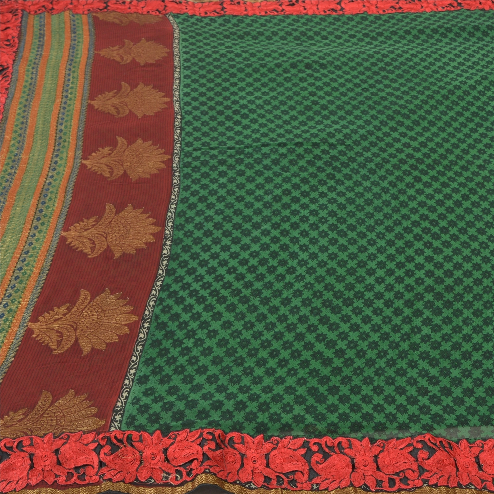 Sanskriti Vintage Bollywood Sarees Pure Georgette Silk Embroidered Sari Fabric, PS-56938-Green-Patch Work-100% Pure Georgette Silk-3