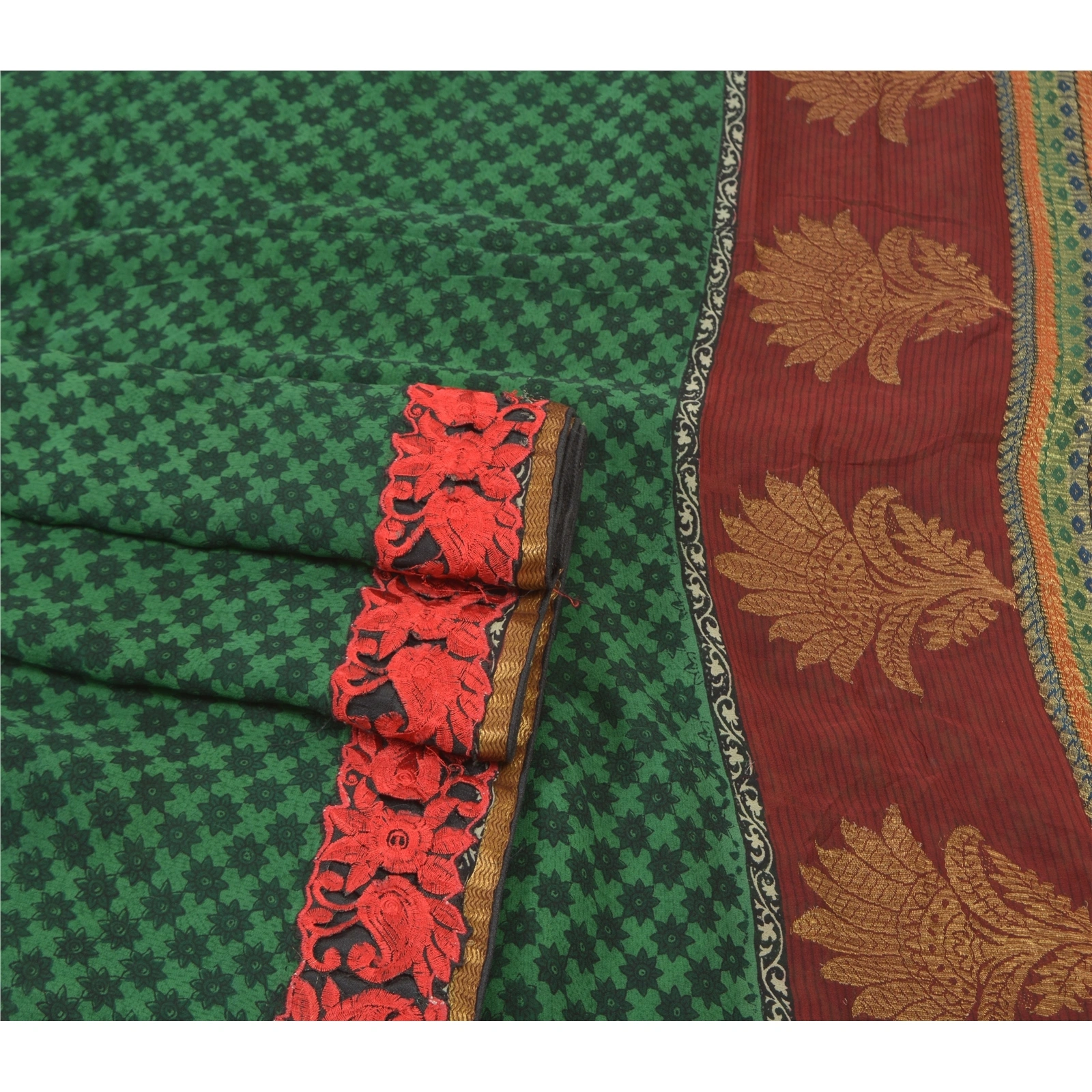 Sanskriti Vintage Bollywood Sarees Pure Georgette Silk Embroidered Sari Fabric, PS-56938-Green-Patch Work-100% Pure Georgette Silk-7