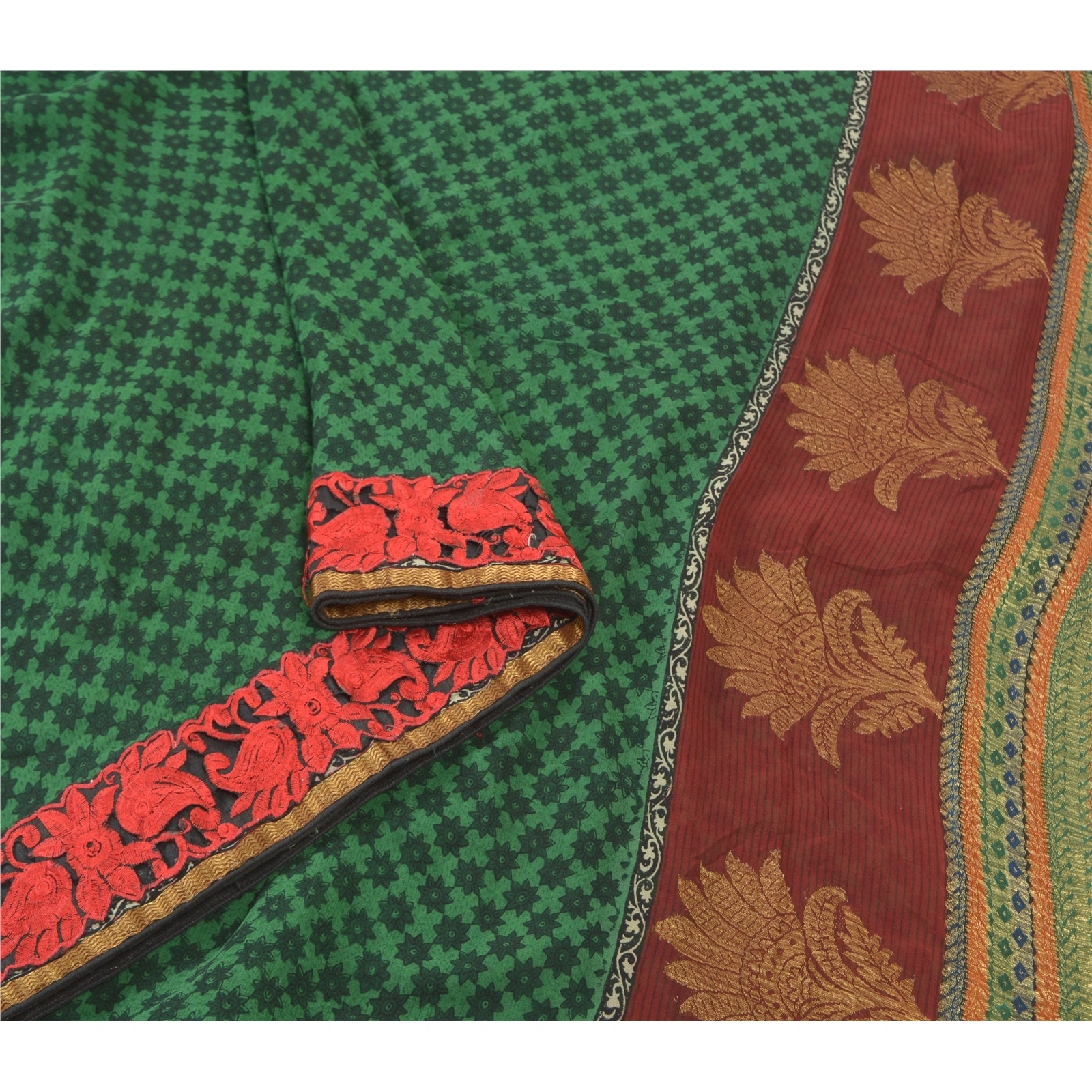 Sanskriti Vintage Bollywood Sarees Pure Georgette Silk Embroidered Sari Fabric, PS-56938-Green-Patch Work-100% Pure Georgette Silk-9