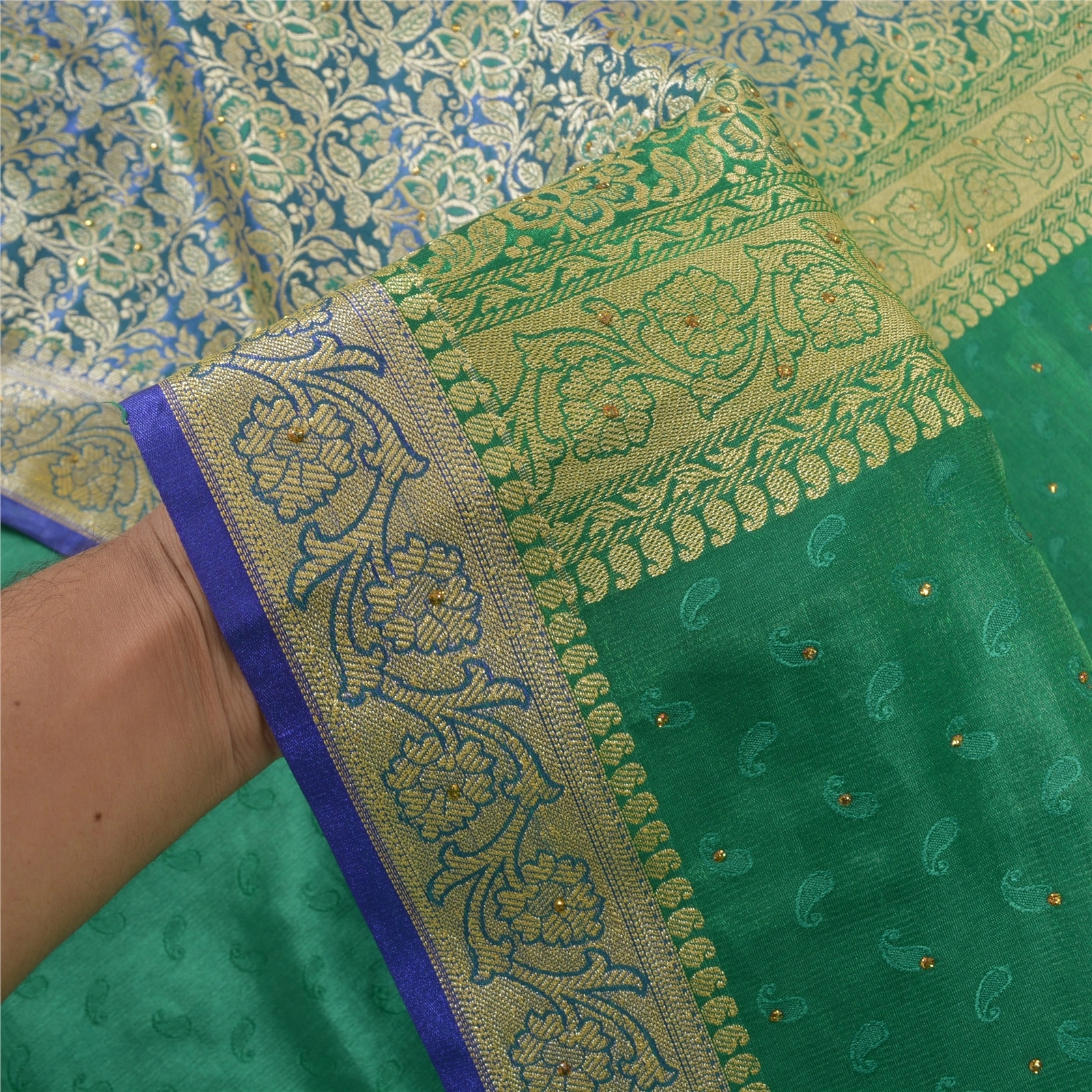 Sanskriti Vintage Green Indian Sarees Art Silk Woven Sari Premium 5 Yard Fabric, PS-56972-Green-Woven Work-Art (Artificial) Silk-4