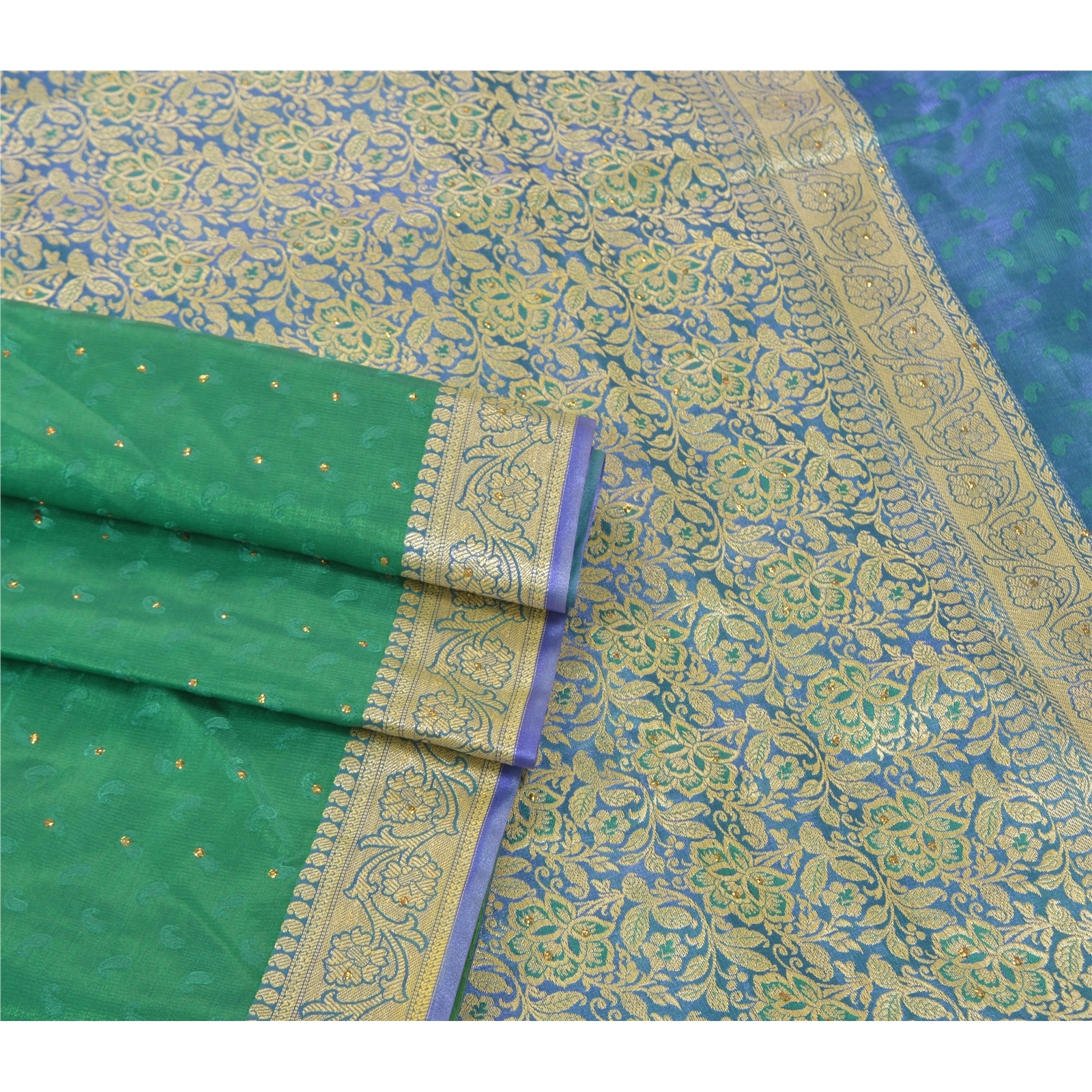 Sanskriti Vintage Green Indian Sarees Art Silk Woven Sari Premium 5 Yard Fabric, PS-56972-Green-Woven Work-Art (Artificial) Silk-7