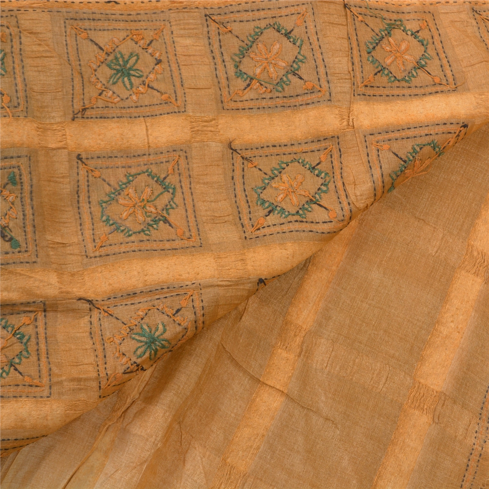 Sanskriti Vintage Beige Sarees Pure Silk Sari Hand Embroidered Kantha Fabric, PS-57008-Shade Of Beige &amp; Green-Thread Work-100% Pure Silk-2