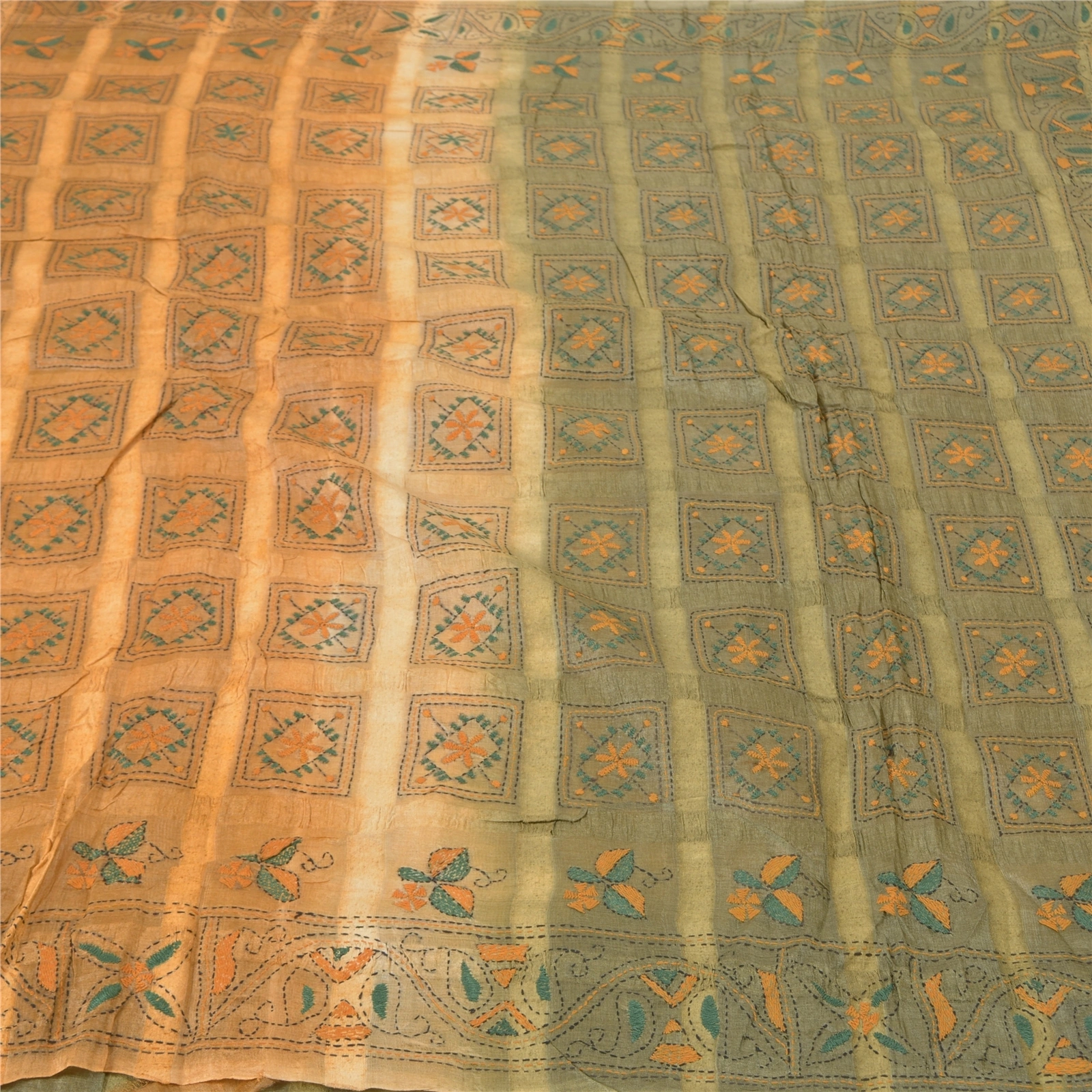 Sanskriti Vintage Beige Sarees Pure Silk Sari Hand Embroidered Kantha Fabric, PS-57008-Shade Of Beige &amp; Green-Thread Work-100% Pure Silk-3