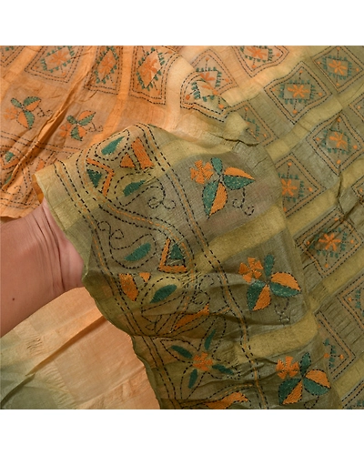 Sanskriti Vintage Beige Sarees Pure Silk Sari Hand Embroidered Kantha Fabric, PS-57008-Shade Of Beige &amp; Green-Thread Work-100% Pure Silk-4