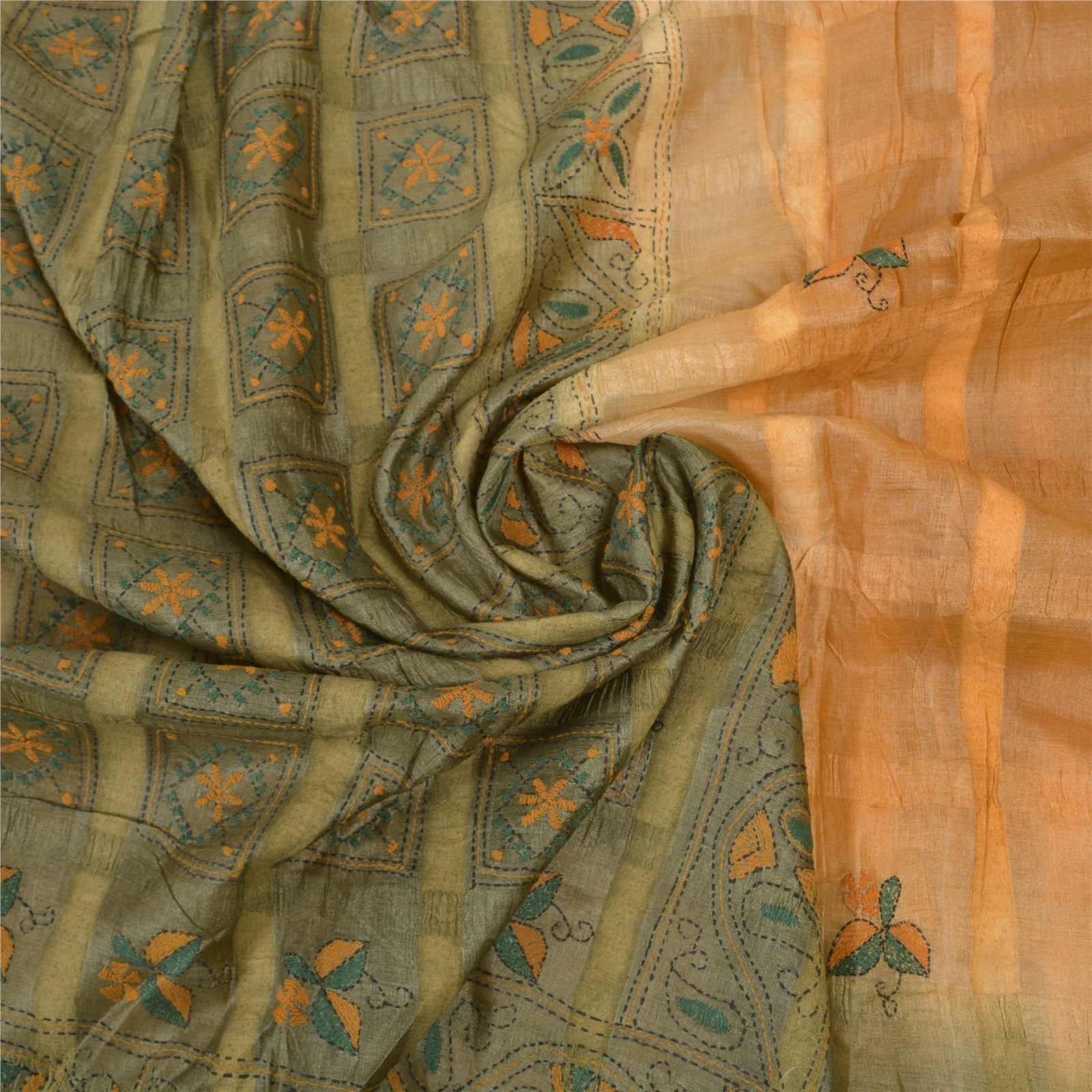 Sanskriti Vintage Beige Sarees Pure Silk Sari Hand Embroidered Kantha Fabric, PS-57008-Shade Of Beige &amp; Green-Thread Work-100% Pure Silk-6