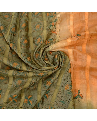 Sanskriti Vintage Beige Sarees Pure Silk Sari Hand Embroidered Kantha Fabric, PS-57008-Shade Of Beige &amp; Green-Thread Work-100% Pure Silk-6