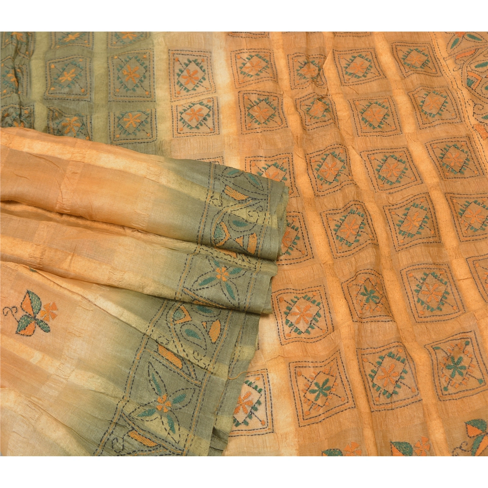 Sanskriti Vintage Beige Sarees Pure Silk Sari Hand Embroidered Kantha Fabric, PS-57008-Shade Of Beige &amp; Green-Thread Work-100% Pure Silk-7